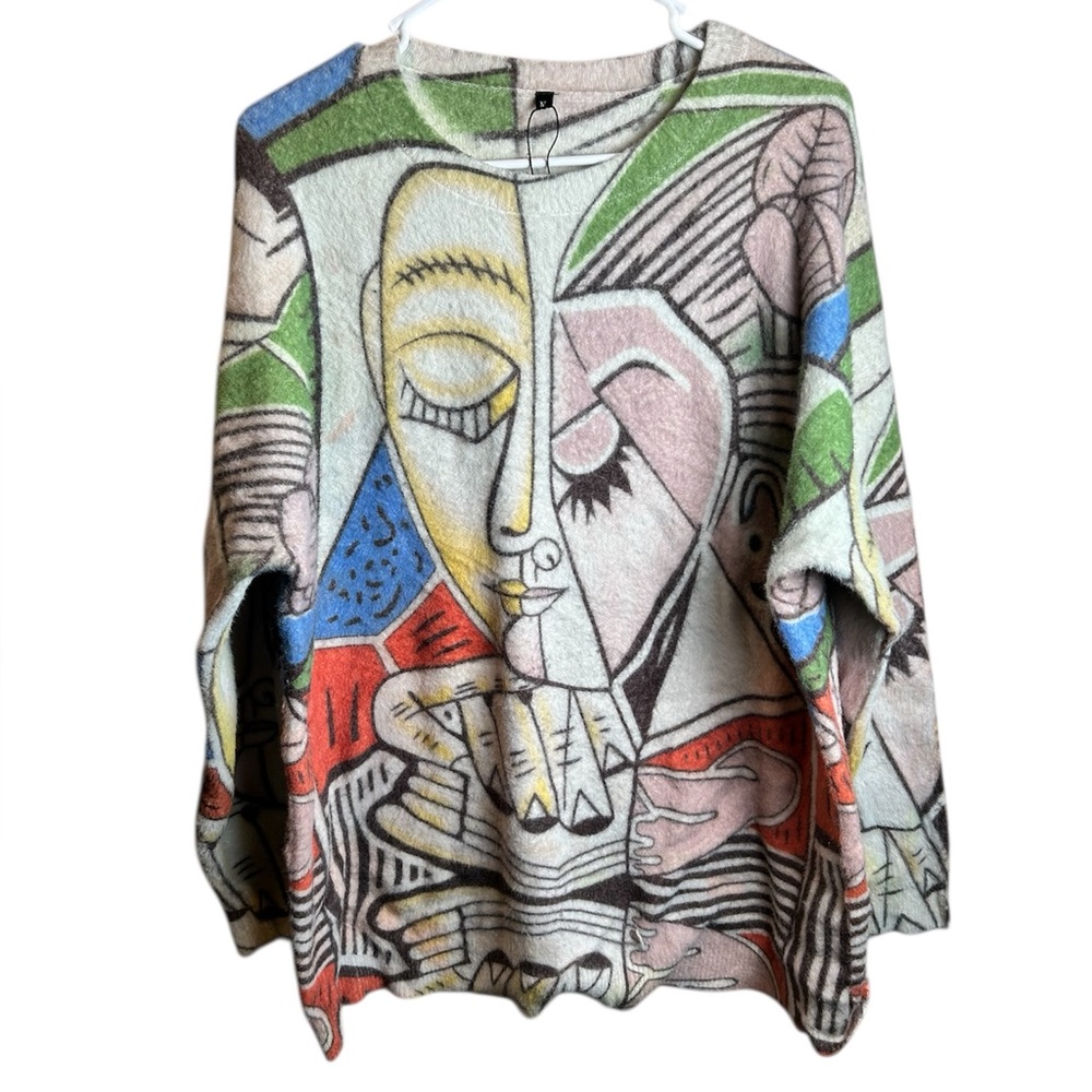 Abstract Face Sweater Women’s M Picasso Style Artsy Oversized Knit Boho Cozy - Picture 1 of 5